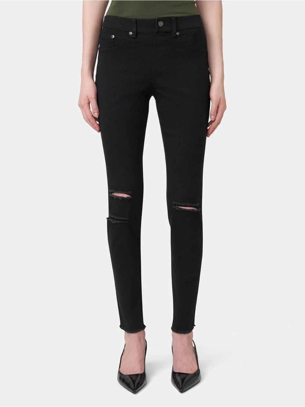 NWT HUE Black Ripped Knee Denim Leggings, Size Large, Skinny Jeans, Distressed